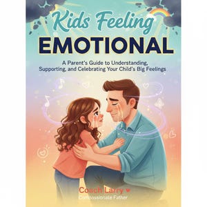May include: An illustrated book cover, "Kids Feeling EMOTIONAL", showing a father and daughter in an embrace, both shedding tears. The text reads: "A Parent's Guide to Understanding, Supporting, and Celebrating Your Child's Big Feelings."