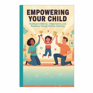 Puede incluir: Portada de libro ilustrada, titulada "Empowering Your Child". La imagen muestra a una familia celebrando con un niño saltando. El subtítulo es "Building Confidence, Independence, and Resilience Through Positive Parenting". El libro tiene un lomo turquesa.