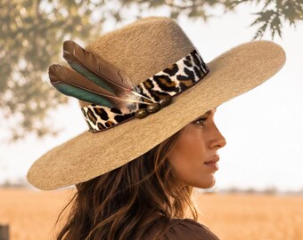 Women's Wide Brim Felt Hat, Boho Fedora, handmade Camel Felt  Western Ranch Hat, Leopard Band with Feathers and beads Fall Winter - Katy