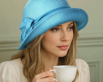 Handmade Caribbean Blue Straw Cloche Hat with Silk Dupioni Band, "Pheni"