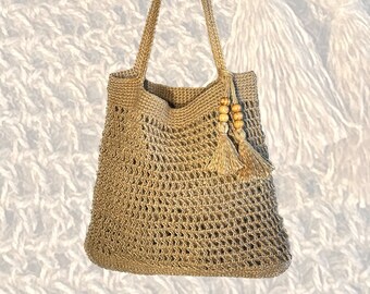 Boho tote bag, crochet handmade purse, natural jute color, women's handbag, shopping bag, casual summer tote,