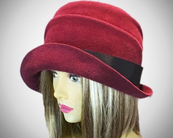 Olivia, Fur Felt Cloche, millinery hat, Downton Abbey era, maroon color