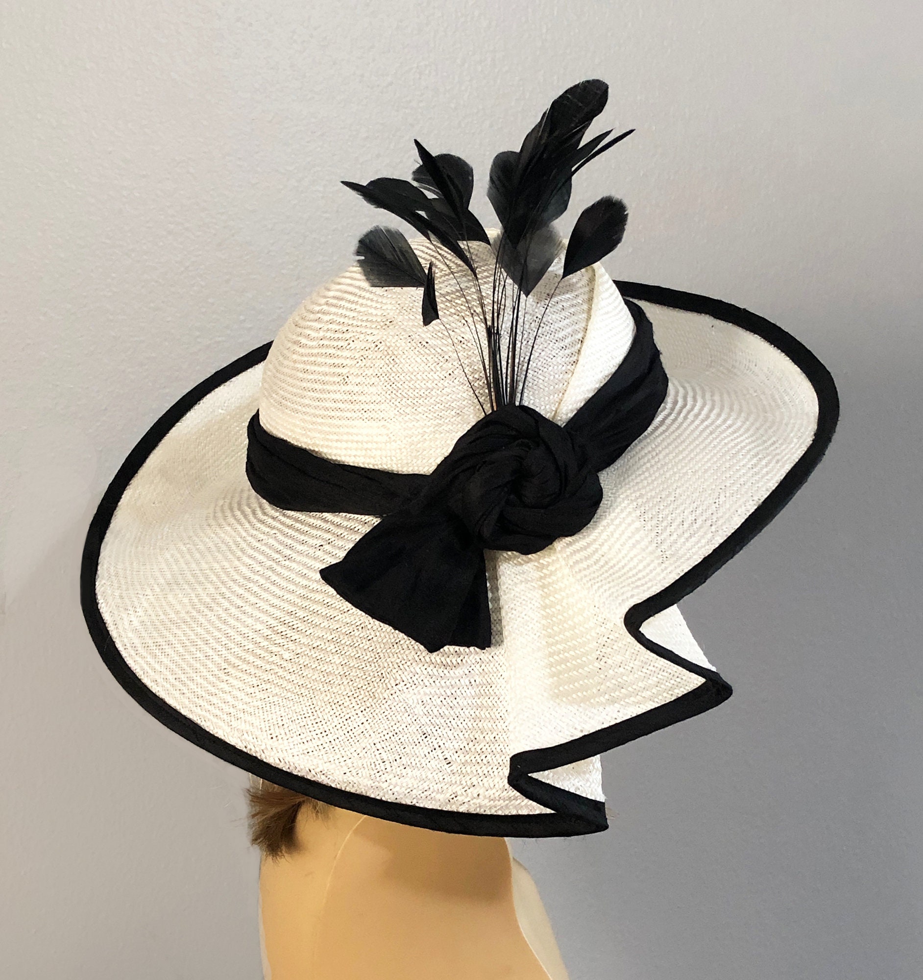 Complit Made in Italy Black Straw Wide Brim Derby Hat White Mesh Ribbon Feather Elegant Wide Brim Straw Hat - Large and X-Large Size Women main image 2