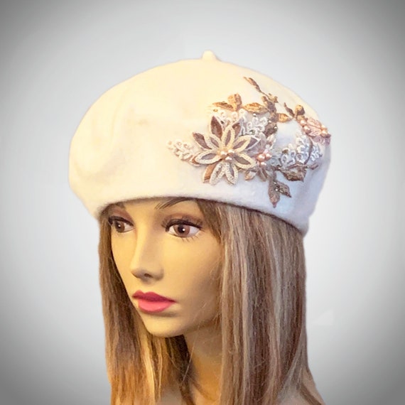 Women\'s Wool Felt Ribbon French Fashion Vintage Millinery Beret Hats White Ivory Beret Hat With Black Velvet Ribbon Bow, Ivory Wool  main image 4