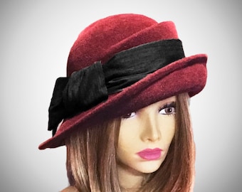 Christine, Fur Felt Hat, medium brim size, Downton Abbey style millinery hat,  color "wine", with many more color options