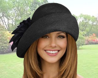 Black Flapper Cloche Hat: 1920s Style Parasisal Straw with Feathers, "Gabby"