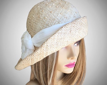 Ann, women straw cloche hat with Ivory silk dupioni trim, Downton Abbey era, millinery hat, summer cloche hat