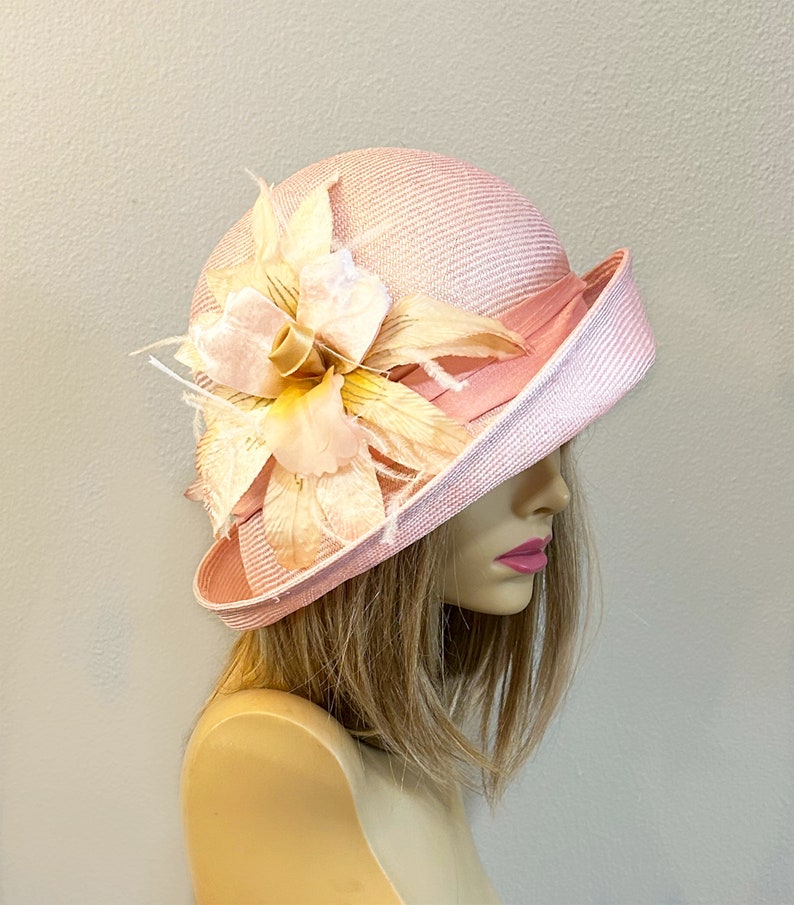 Kentucky Derby Hat, Gabby 2 1920's Flapper Cloche. womens parasisal straw hat in pale pink with silk dupioni and feathers, millinery hat image 2