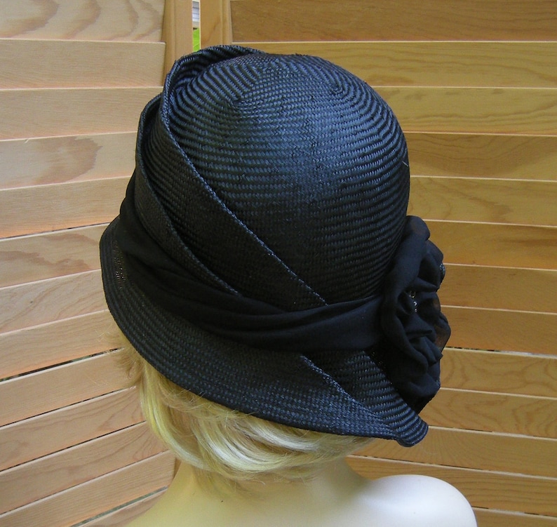 Sophia, straw millinery hat, womens hand made cloche, black straw hat image 2
