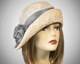 Ann, women's straw cloche hat with Grey silk dupioni trim, Downton Abbey era, millinery hat, summer cloche hat