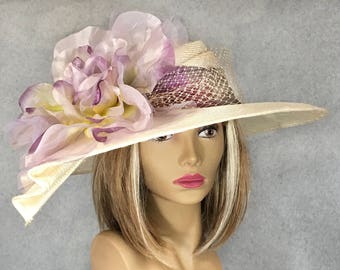 Kentucky Derby hat, "Sonya", beautiful straw hat with draped pleating on the side, and large Wisteria and Lime flower
