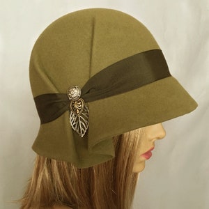 Amelia, Fur Felt Cloche millinery hat from the Downton Abbey era, khaki green color image 1