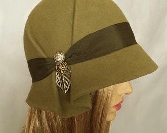 Amelia, Fur Felt Cloche millinery hat from the Downton Abbey era, khaki green color