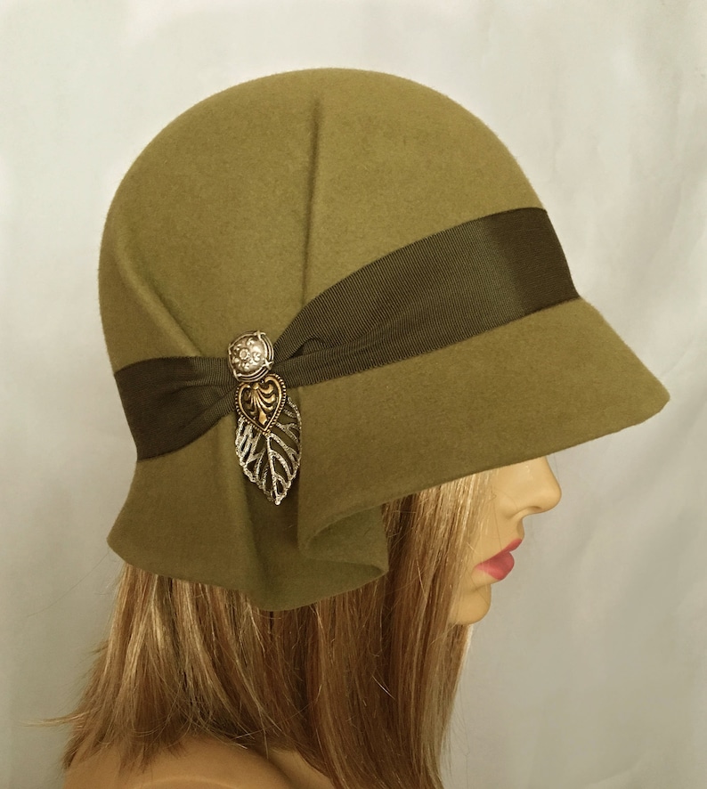 Amelia, Fur Felt Cloche millinery hat from the Downton Abbey era, khaki green color image 1