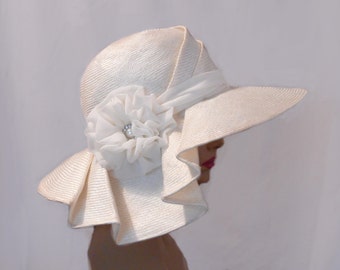 Kentucky Derby hat, "Sonya", beautiful straw hat with draped pleating on the side, womens ivory hat