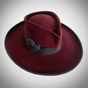 Fedora womens millinery hat, "Catlyn",  Velour Felt wide brim and tall crown,  color Aubergine