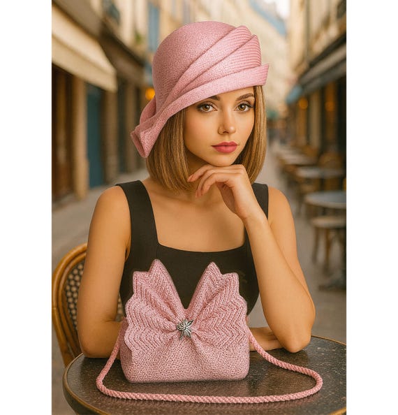Custom brown pink sisal straw cloche hat Handmade Sisal Straw Cloche Hat: Pink & Cream Downton Abbey  main image 3