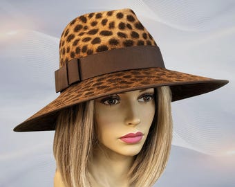 Leopard Print Fur Felt Fedora Hat | Handmade Women’s Wide Brim Fedora with Grosgrain Ribbon | High Crown Millinery Hat, "Katy"