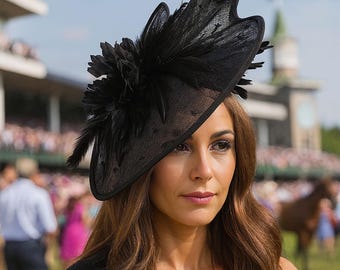 Black Sinamay Kentucky Derby Hat: Feather & Silk Flower Fascinator, "Abigail"
