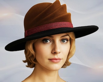Sombrero fedora de fieltro de piel de terciopelo color bronce y negro / Fedora estilizada hecha a mano para mujer, "Elise"