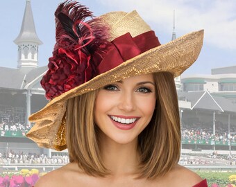 Handmade Kentucky Derby Hat: Tan Straw Wide Brim with Red red silk flower and Sash, "Sylvia"