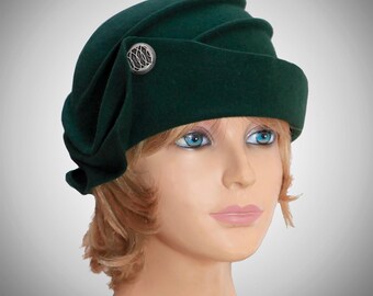 Audrey, Velour Felt Cloche with draped pleated swirls, Hunter colored millinery hat