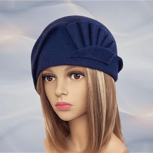 Amber, Velour Felt Cloche with draped pleated swirls, Blue colored millinery hat