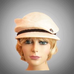Kelsey, newsboy cap, womens straw hat, millinery hat, cream straw color with black trim