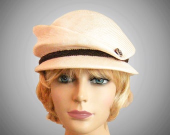 Kelsey, newsboy cap, womens straw hat, millinery hat, cream straw color with black trim