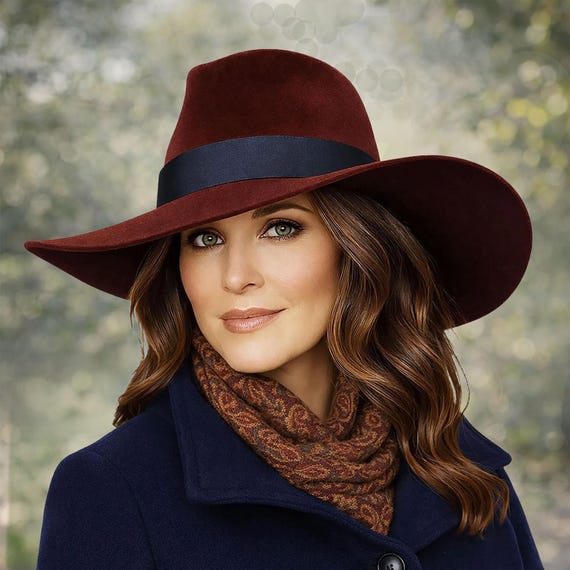 Burgundy Velour Felt Fedora Hat: Wide Brim Millinery  display picture 3