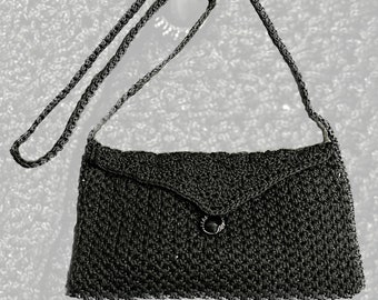 Black Clutch Handbag, handmade crochet purse,  black color, shoulder strap purse, women's tote bag