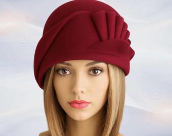 Maroon Velour Felt Cloche Hat with Draped Pleated Detail | Handmade 1920s-Style Millinery for Women, "Amber"