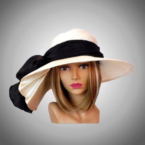 Kentucky Derby hat, Sonya, beautiful straw hat with draped pleating on the side, womens, ivory with black silk sash