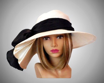 Kentucky Derby hat, Sonya, beautiful straw hat with draped pleating on the side, womens, ivory with black silk sash