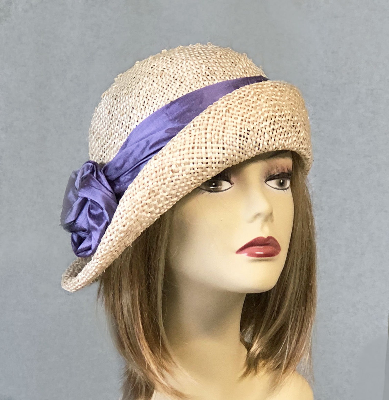 Ann Women Straw Hat With Iris Silk Dupioni Trim Downton Etsy