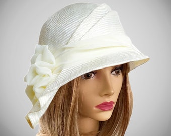 Sophia, beautiful straw hat from the Downton Abbey era, womens straw cloche hat, off white