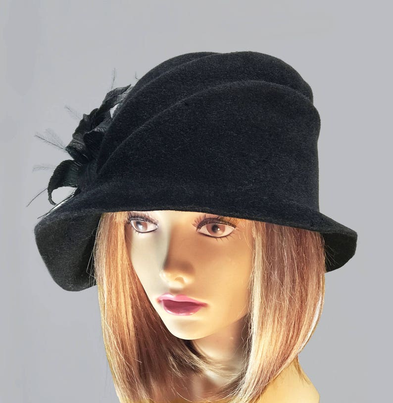 Sophia, Velour Felt Cloche millinery hat with side draped pleats and beautiful silk flowers, color Black image 2