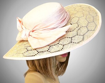 Maria, Kentucky Derby hat,  beautiful boater style straw hat with novelty straw brim and light pink silk crown millinery hat