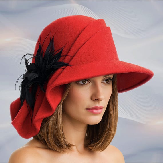 Red Fur Felt Hat: Handmade Velvet Flower Millinery,  display picture 2