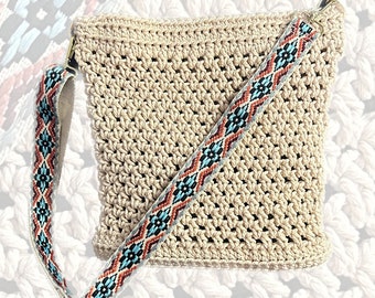 Sedona Handbag,  handmade crochet purse, natural ivory color, women's tote bag, guitar strap embellishment