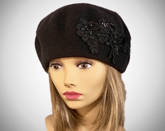 Mia,  Soft Felt Beret millinery hat with embroidered beaded embellishment