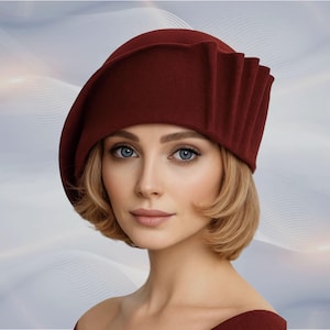 Maddy – Maroon Velour Fur Felt Cloche Hat with Draped Side Pleats | Handmade Couture Millinery Hat