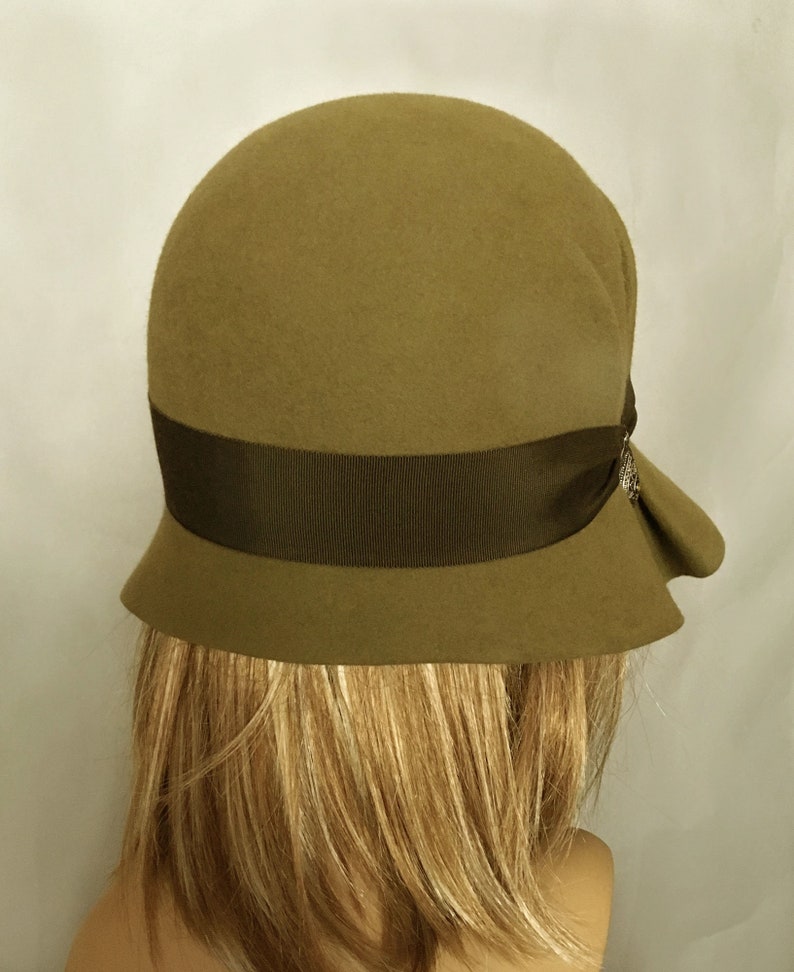 Amelia, Fur Felt Cloche millinery hat from the Downton Abbey era, khaki green color image 3