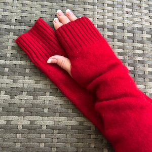Penny, 100% pure Cashmere Arm Warmers, red up cycled cashmere fingerless gloves mittens