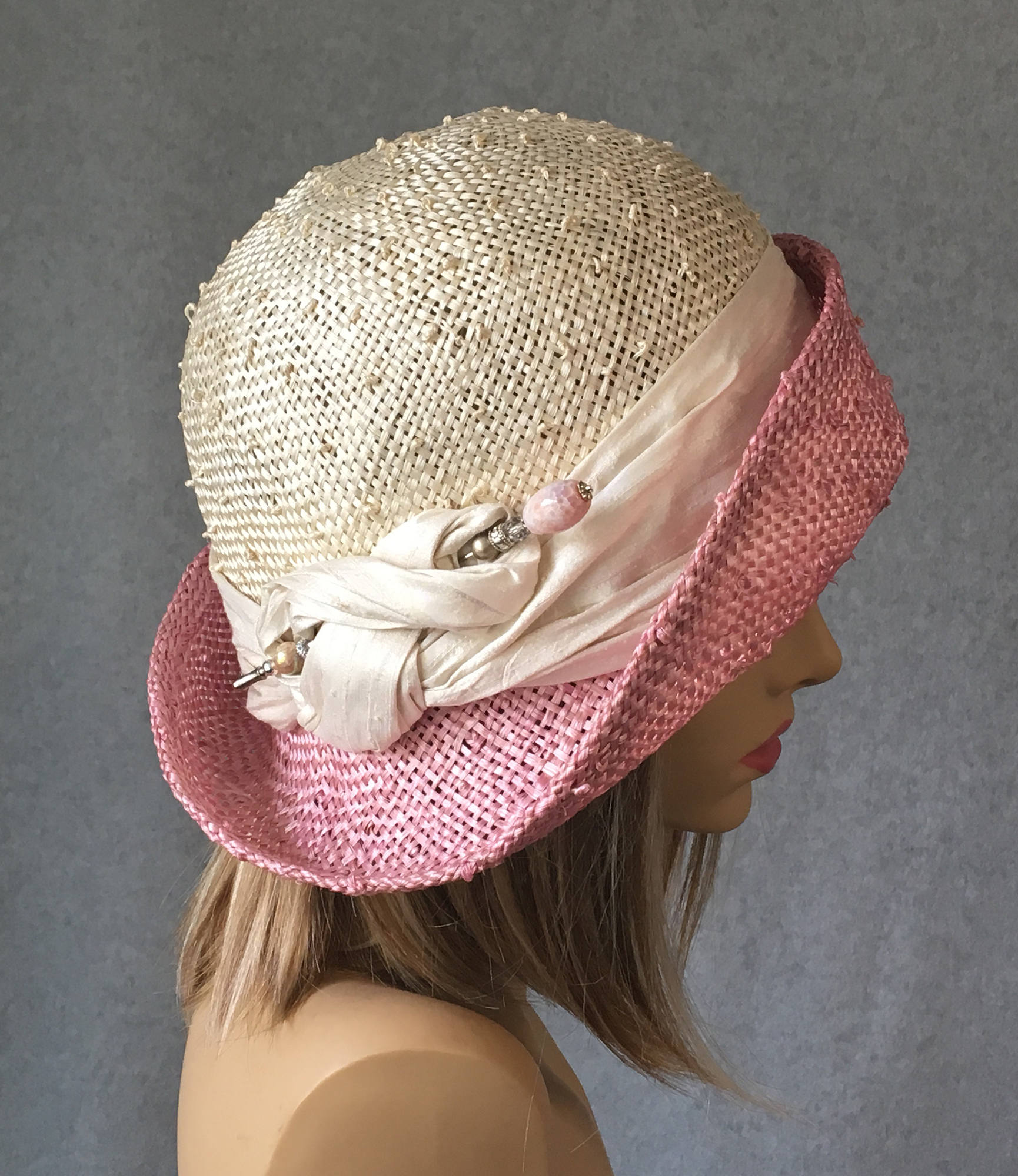 Handmade Sisal Straw Cloche Hat: Pink & Cream Downton Abbey 