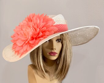 Kentucky Derby hat, Heather, beautiful straw hat with dip on the side, women, straw hat with coral embellishments, perfect the The Oaks