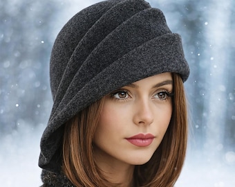 Ava, Velour Felt Cloche with side draped pleats, Grey Heather millinery hat