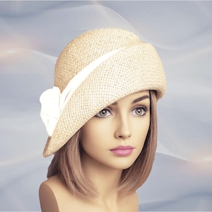 Ann – Women&#39;s Straw Cloche Hat with Ivory Silk Dupioni Trim | Downton Abbey-Inspired Millinery