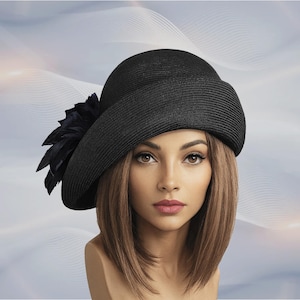 Black Flapper Cloche Hat: 1920s Style Parasisal Straw with Feathers, "Gabby"