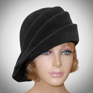 Ava, Velour Felt Cloche with side draped pleats, Black millinery hat